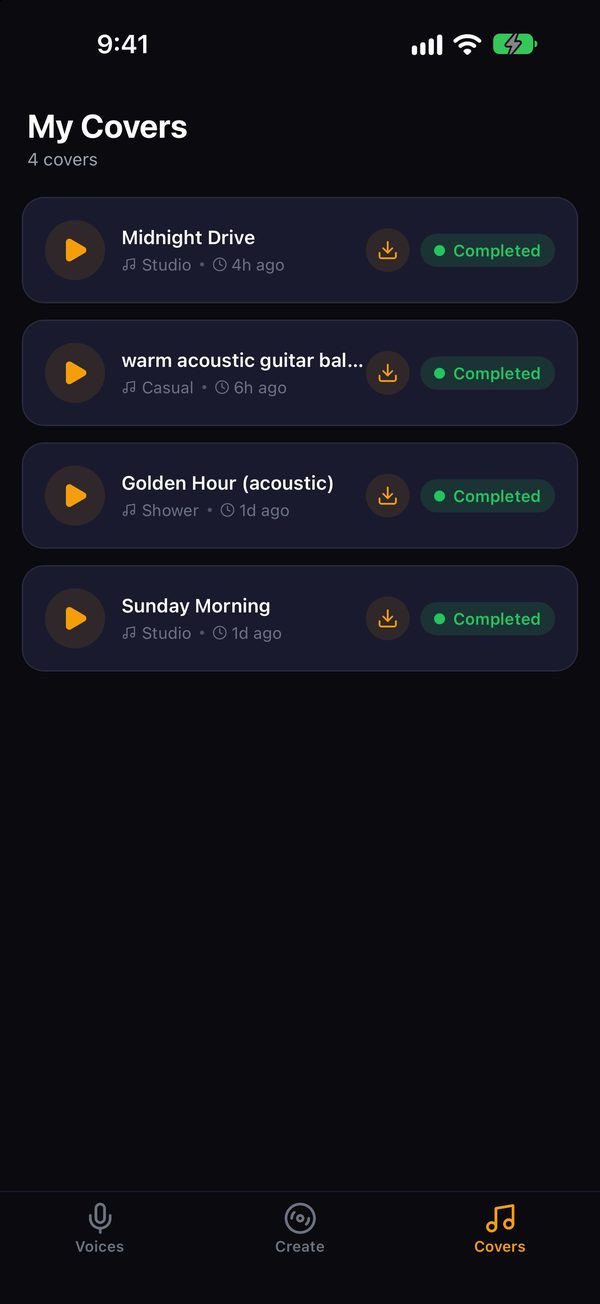 Singself My Covers screen: a list of finished covers, each showing the song and which of your voices sang it