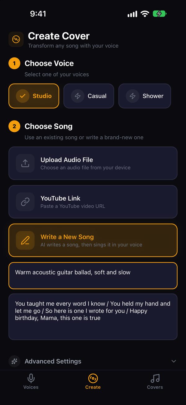 Singself Create Cover screen: choose one of your voices, then write a new song from a style prompt and your own lyrics