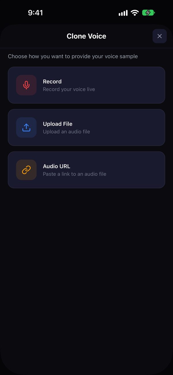 Singself New Voice screen: record your voice, upload a file, or paste an audio URL